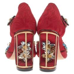 مملوكة مسبقًا Dolce & Gabbana Red Embellished Jacquard Bird Cage Mary Jane Pumps Size 38
