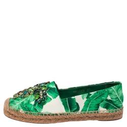 Pre Owned Dolce & Gabbana Green/White Floral Print Satin Embellished Espadrille Flats Size 37