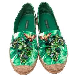 Pre Owned Dolce & Gabbana Green/White Floral Print Satin Embellished Espadrille Flats Size 37