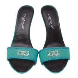 Pre Owned Dolce & Gabbana Blue Canvas And Leather Embellished Slide Sandals Size 39