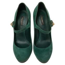 مملوكة مسبقًا Dolce & Gabbana Green Suede Crystal Embellished Mary Jane Pumps Size 40