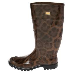 Pre Owned Dolce & Gabbana Brown Leopard Print Rubber Mid Rain Boots Size 38