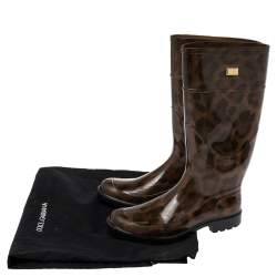 Pre Owned Dolce & Gabbana Brown Leopard Print Rubber Mid Rain Boots Size 38