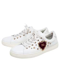 Pre Owned Dolce & Gabbana White  Leather Embellished Portofino Sneakers Size 40.5