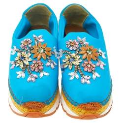 Pre Owned Dolce & Gabbana Blue Neoprene Barcelona Embellished Slip On Sneakers Size 38