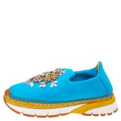 Pre Owned Dolce & Gabbana Blue Neoprene Barcelona Embellished Slip On Sneakers Size 38