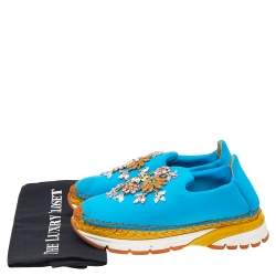 Pre Owned Dolce & Gabbana Blue Neoprene Barcelona Embellished Slip On Sneakers Size 38