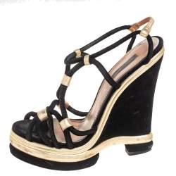 Pre Owned Dolce & Gabbana Gold/Black Suede and Leather Wedge Sandals Size 38