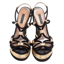 Pre Owned Dolce & Gabbana Gold/Black Suede and Leather Wedge Sandals Size 38