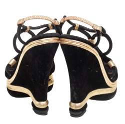 Pre Owned Dolce & Gabbana Gold/Black Suede and Leather Wedge Sandals Size 38
