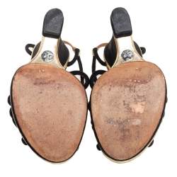 Pre Owned Dolce & Gabbana Gold/Black Suede and Leather Wedge Sandals Size 38