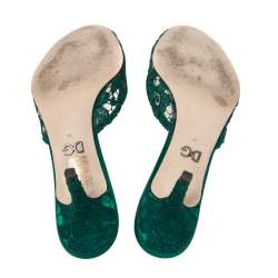 Pre Owned Dolce & Gabbana Green  Lace And Mesh  Crystal Embellished Slide Sandals Size 38