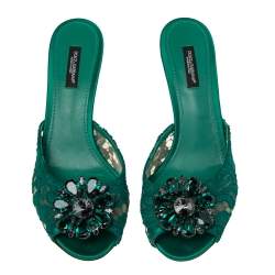 Pre Owned Dolce & Gabbana Green  Lace And Mesh  Crystal Embellished Slide Sandals Size 38