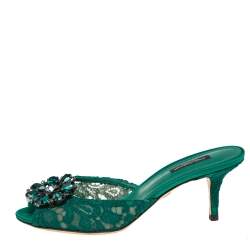 Pre Owned Dolce & Gabbana Green  Lace And Mesh  Crystal Embellished Slide Sandals Size 38