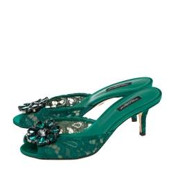 Pre Owned Dolce & Gabbana Green  Lace And Mesh  Crystal Embellished Slide Sandals Size 38
