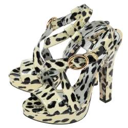 Pre Owned Dolce & Gabbana Yellow/Black Animal Print Patent Leather Cross Strap Platform Sandals Size 39