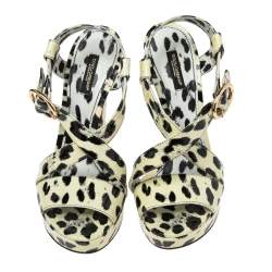 Pre Owned Dolce & Gabbana Yellow/Black Animal Print Patent Leather Cross Strap Platform Sandals Size 39
