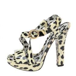 Pre Owned Dolce & Gabbana Yellow/Black Animal Print Patent Leather Cross Strap Platform Sandals Size 39