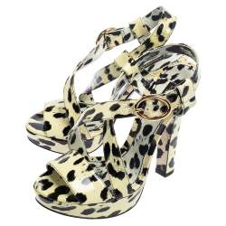 Dolce & Gabbana Yellow/Black Animal Print Patent Leather Cross Strap Platform Sandals Size 38.5