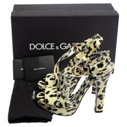 Dolce & Gabbana Yellow/Black Animal Print Patent Leather Cross Strap Platform Sandals Size 38.5