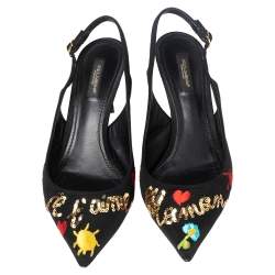 Pre Owned Dolce & Gabbana Black Canvas Embroidered Sequinned Slingback Pumps Size 39