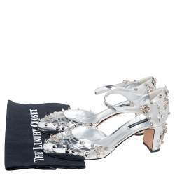 Pre Owned Dolce & Gabbana Metallic Silver Leather Embellished Block Heel Ankle Strap Sandals Size 38
