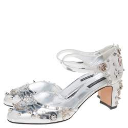 Pre Owned Dolce & Gabbana Metallic Silver Leather Embellished Block Heel Ankle Strap Sandals Size 38