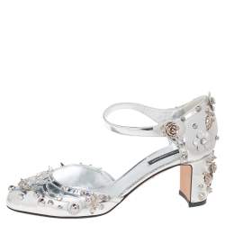 Pre Owned Dolce & Gabbana Metallic Silver Leather Embellished Block Heel Ankle Strap Sandals Size 38