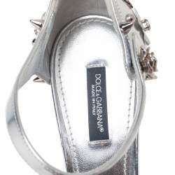 Pre Owned Dolce & Gabbana Metallic Silver Leather Embellished Block Heel Ankle Strap Sandals Size 38
