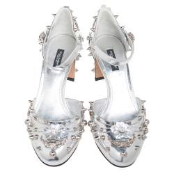 Pre Owned Dolce & Gabbana Metallic Silver Leather Embellished Block Heel Ankle Strap Sandals Size 38