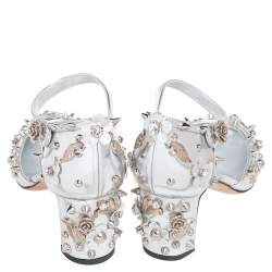 Pre Owned Dolce & Gabbana Metallic Silver Leather Embellished Block Heel Ankle Strap Sandals Size 38