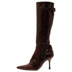 Dolce & Gabbana Brown Leather Buckle Detail Tall Pointed Boots Size 37