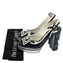 مملوكة مسبقًا Dolce & Gabbana Navy Blue/White Patent Leather Nautical Slingback Pumps Size 37