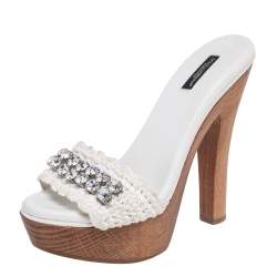 Pre Owned Dolce & Gabbana White Crochet Fabric Crystal Embellished Wooden Platform Sandals Size 38