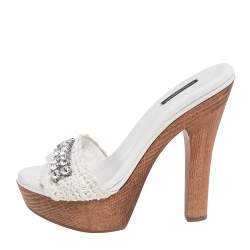 Pre Owned Dolce & Gabbana White Crochet Fabric Crystal Embellished Wooden Platform Sandals Size 38