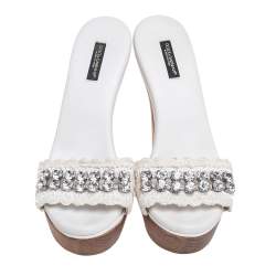 Pre Owned Dolce & Gabbana White Crochet Fabric Crystal Embellished Wooden Platform Sandals Size 38