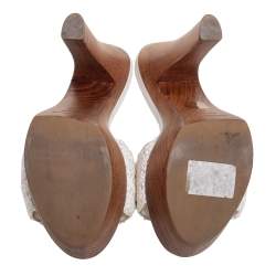 Pre Owned Dolce & Gabbana White Crochet Fabric Crystal Embellished Wooden Platform Sandals Size 38