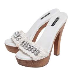 Pre Owned Dolce & Gabbana White Crochet Fabric Crystal Embellished Wooden Platform Sandals Size 38