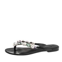Pre Owned Dolce & Gabbana Black Leather Crystal Embellished Thong Flat Sandals Size 36.5