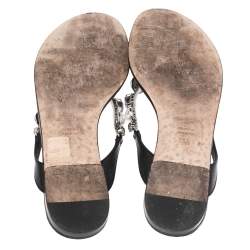 Pre Owned Dolce & Gabbana Black Leather Crystal Embellished Thong Flat Sandals Size 36.5