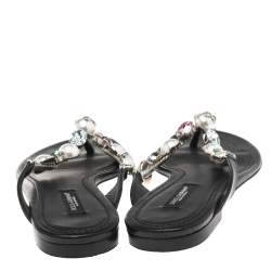 Pre Owned Dolce & Gabbana Black Leather Crystal Embellished Thong Flat Sandals Size 36.5