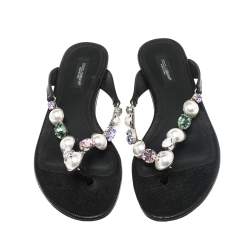 Pre Owned Dolce & Gabbana Black Leather Crystal Embellished Thong Flat Sandals Size 36.5