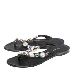 Pre Owned Dolce & Gabbana Black Leather Crystal Embellished Thong Flat Sandals Size 36.5