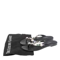 Pre Owned Dolce & Gabbana Black Leather Crystal Embellished Thong Flat Sandals Size 36.5