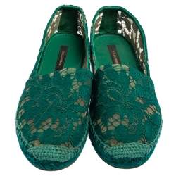 Pre Owned Dolce & Gabbana Green Floral Lace and Mesh Espadrille Flats Size 37