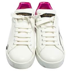 Pre Owned Dolce & Gabbana White/Purple Leather Portofino Low Top Sneakers Size 37.5