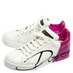 Pre Owned Dolce & Gabbana White/Purple Leather Portofino Low Top Sneakers Size 37.5
