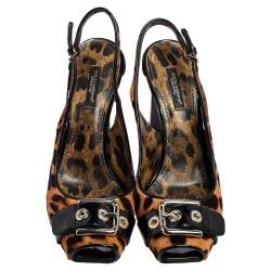 Dolce & Gabbana Brown/Black Leopard Calf Hair and Patent Leather Buckle Slingback Pumps Size 37.5
