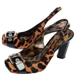 Dolce & Gabbana Brown/Black Leopard Calf Hair and Patent Leather Buckle Slingback Pumps Size 37.5