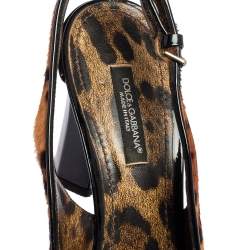 Dolce & Gabbana Brown/Black Leopard Calf Hair and Patent Leather Buckle Slingback Pumps Size 37.5